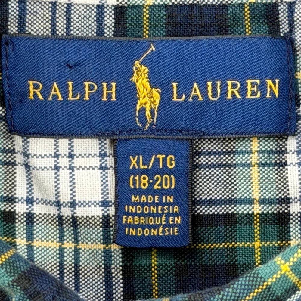 Ralph Lauren Plaid Button Down Shirt Kids Youth XL 18-20 Green Blue‎ Long Sleeve
